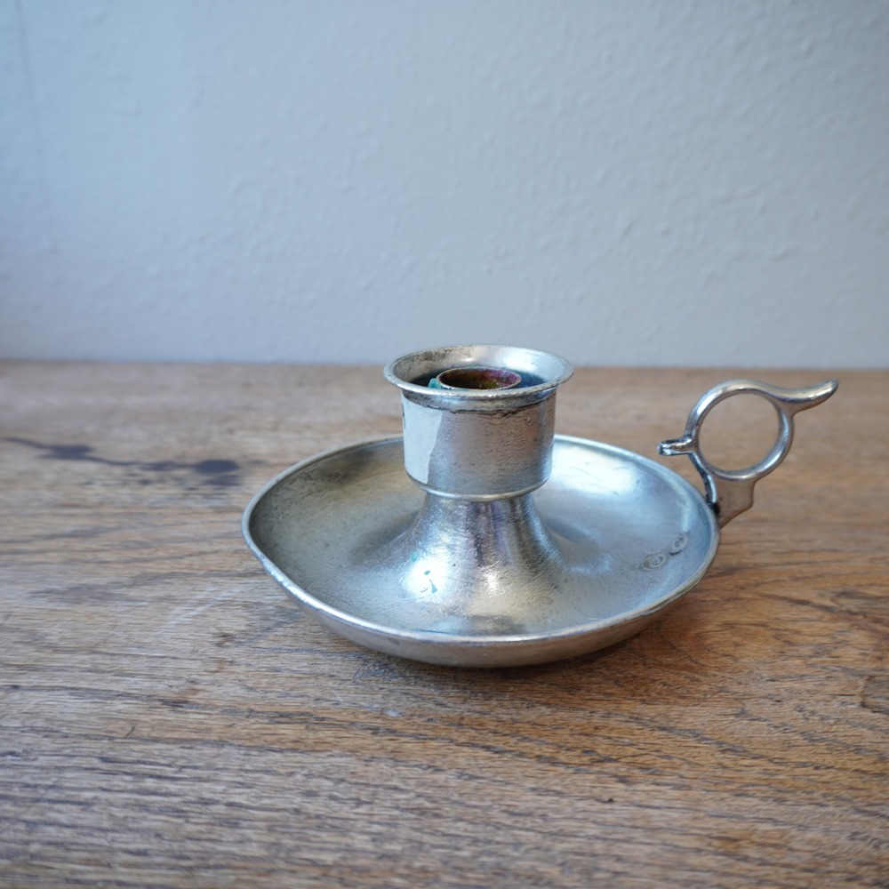 Vintage Pewter Chamberstick Candle Holder Silver Toned Finger Loop Hallmarked